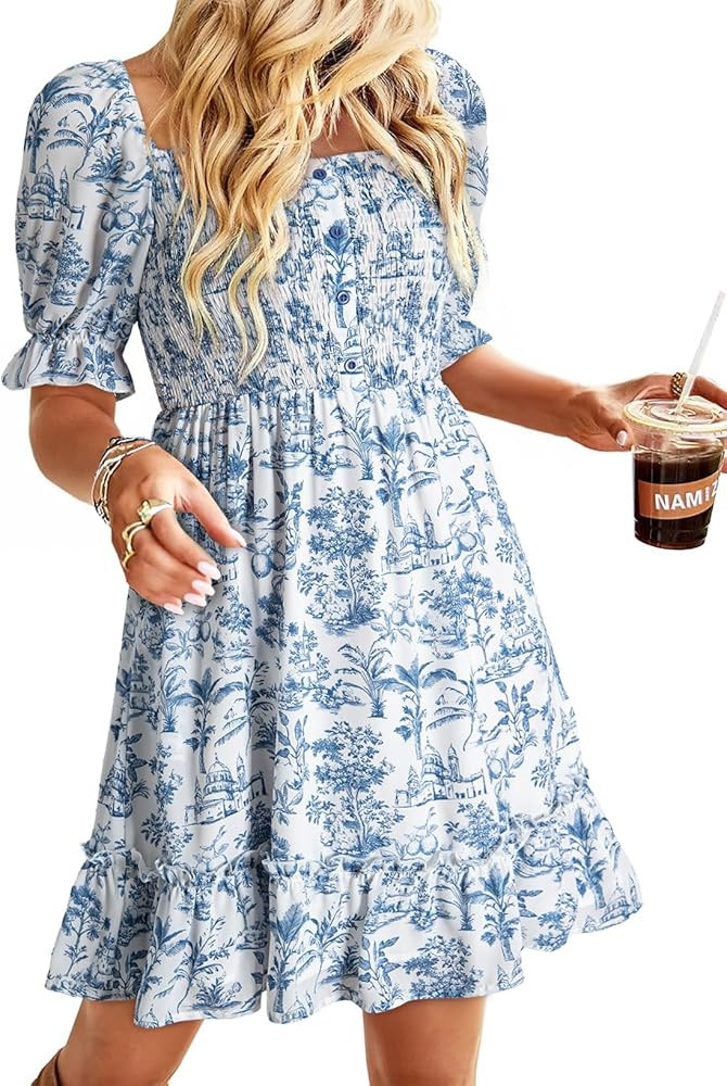 Dokotoo Womens Casual Summer Dresses Short Sleeve Square Neck Smocked Boho Floral Sundress Flowy ... | Amazon (US)