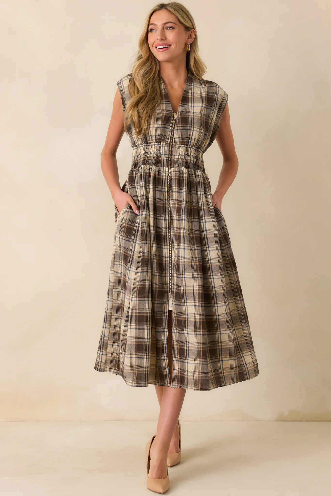 The Evette Mocha Brown Tartan Plaid Cotton Zip Front Midi Dress | Red Dress