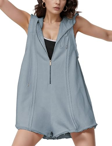 Rompers for Women Athletic Workout Hooded Romper Casual Zip-front Neck Jumpsuits Overalls with Po... | Amazon (US)
