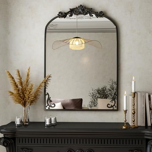 36"x 24" Arched Bathroom Mirror, Wall-Mounted Mirror with Carved Metal Frame & Bottom Art Carved, Vanity Mirror for Home Decor, Hanging Wall Mirror with Baroque Ornate Carved Accents, Vintage Black | Amazon (US)