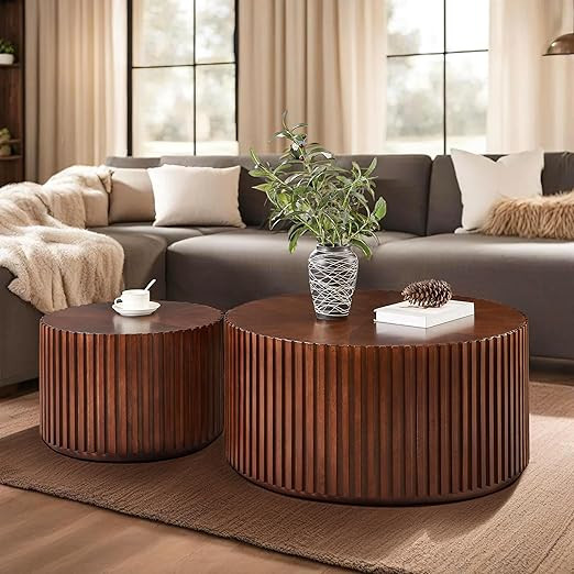 Round Wood Coffee Table Set of 2, Handcraft Drum Side Table End Table for Living Room, Modern Cir... | Amazon (US)