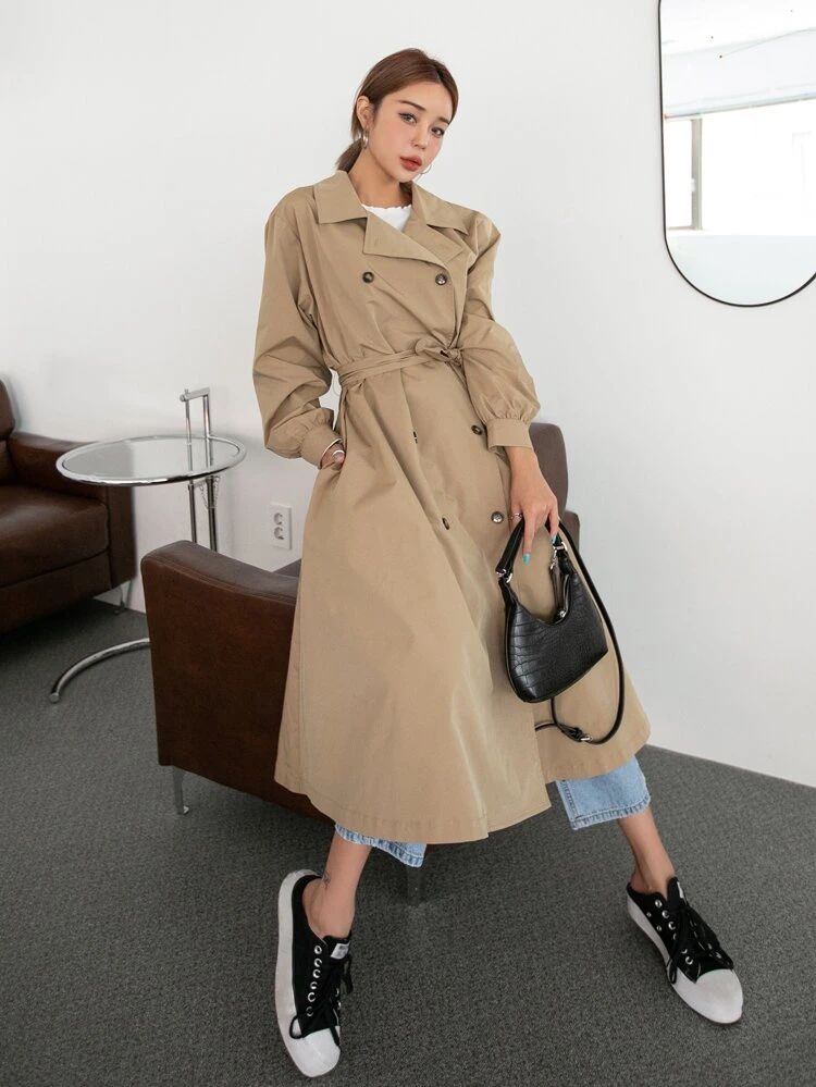 DAZY Double Breasted Blouson Sleeve Belted Trench Coat | SHEIN