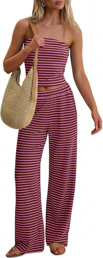 ANRABESS Women 2 Piece Sets Summer Striped Outfits Matching Tube Top Wide Leg Lounge Pants 2026 T... | Amazon (US)