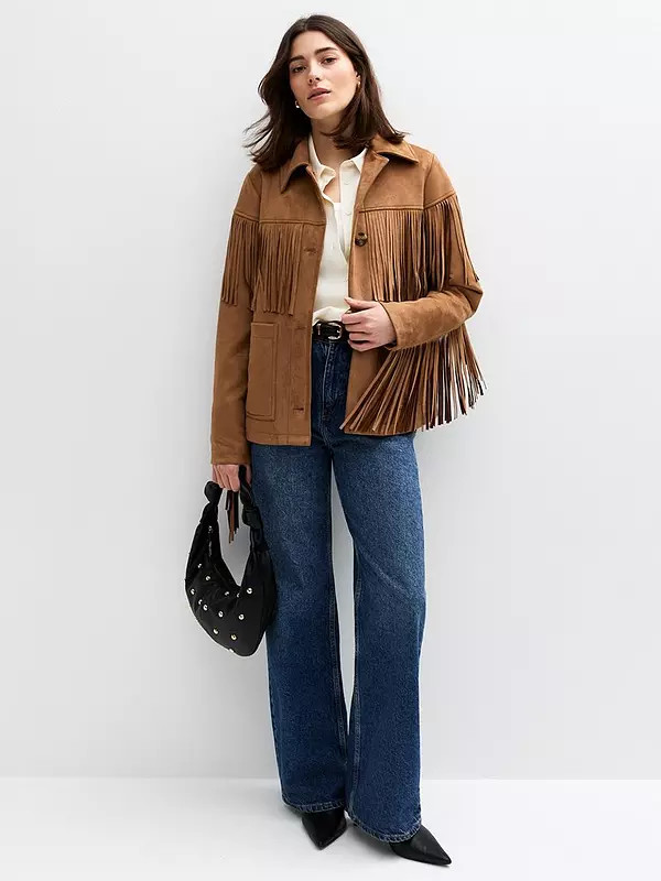 New Look Tan Fringe Trimmed Faux Suede Jacket | Very (UK)