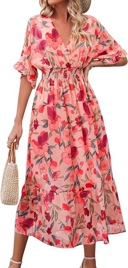 Women's Spring Summer 2024 Floral Midi Dress A Line Chiffon Boho Dress Casual Short Sleeve Long B... | Amazon (US)