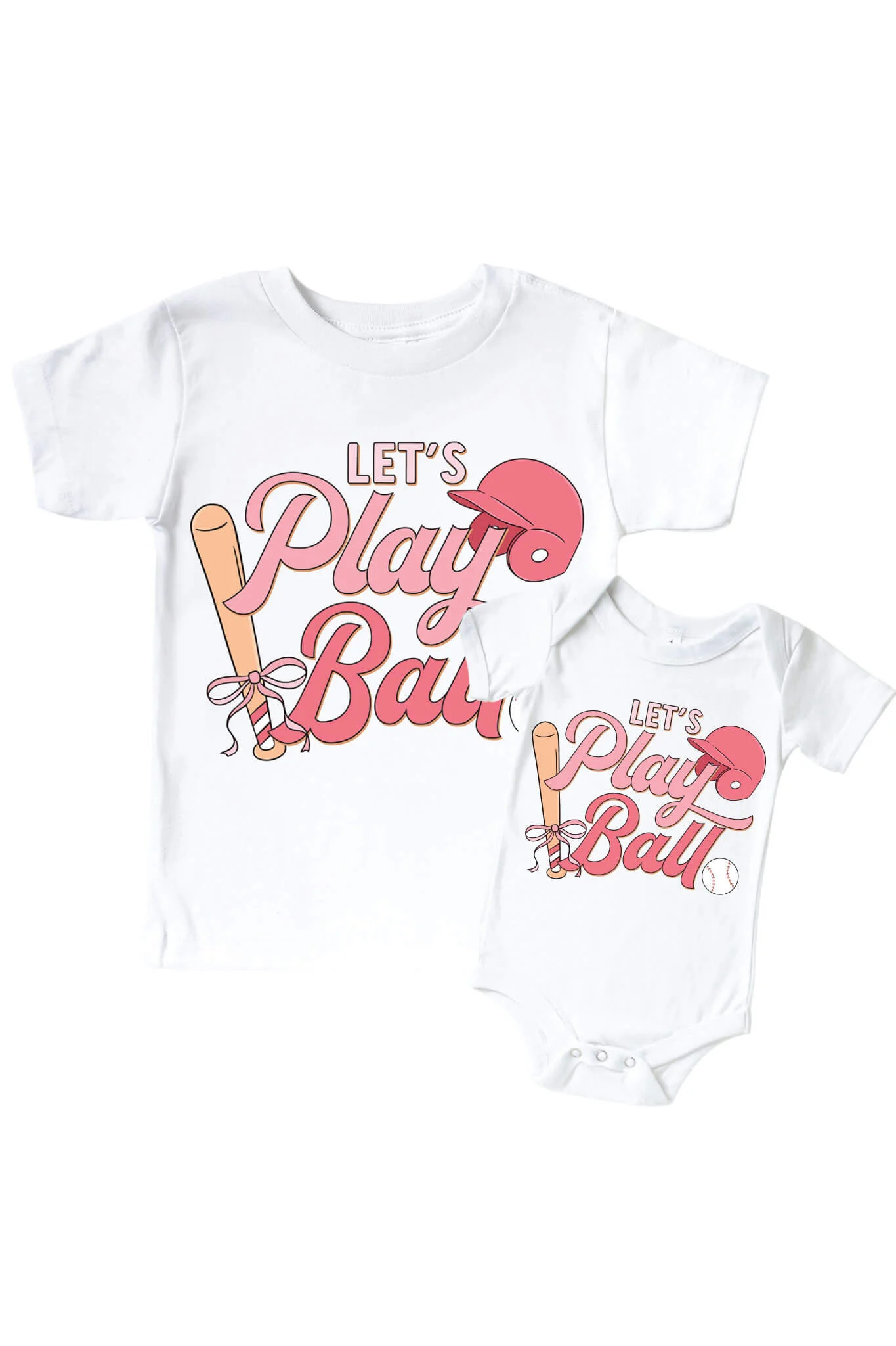 Let's Play Ball Pink Graphic Bodysuit & Kids Tee | White | Caden Lane