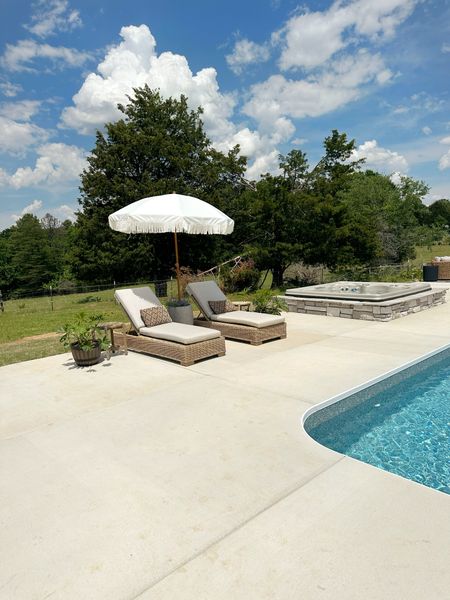 Lounge chairs linked below! I have the Sunbrella Heather gray covers on mine!