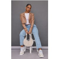 Petite Stone Basic Double Breasted Faux Leather Cropped Blazer | PrettyLittleThing US