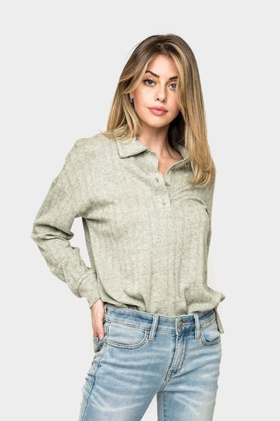 Long Sleeve Pointelle Rib Polo Henley Top | Gibson
