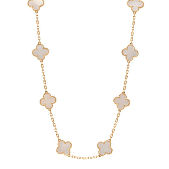 18K Yellow Gold Mother of Pearl 10 Motifs Vintage Alhambra Necklace | FASHIONPHILE (US)