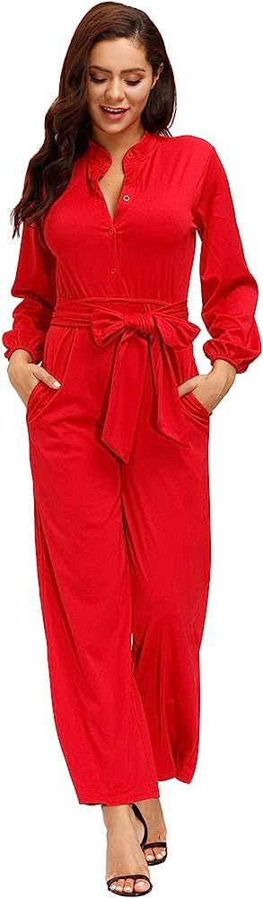 Womens Long Sleeve Jumpsuit for Work Wide Leg Pants Rompers with Belt | Amazon (US)