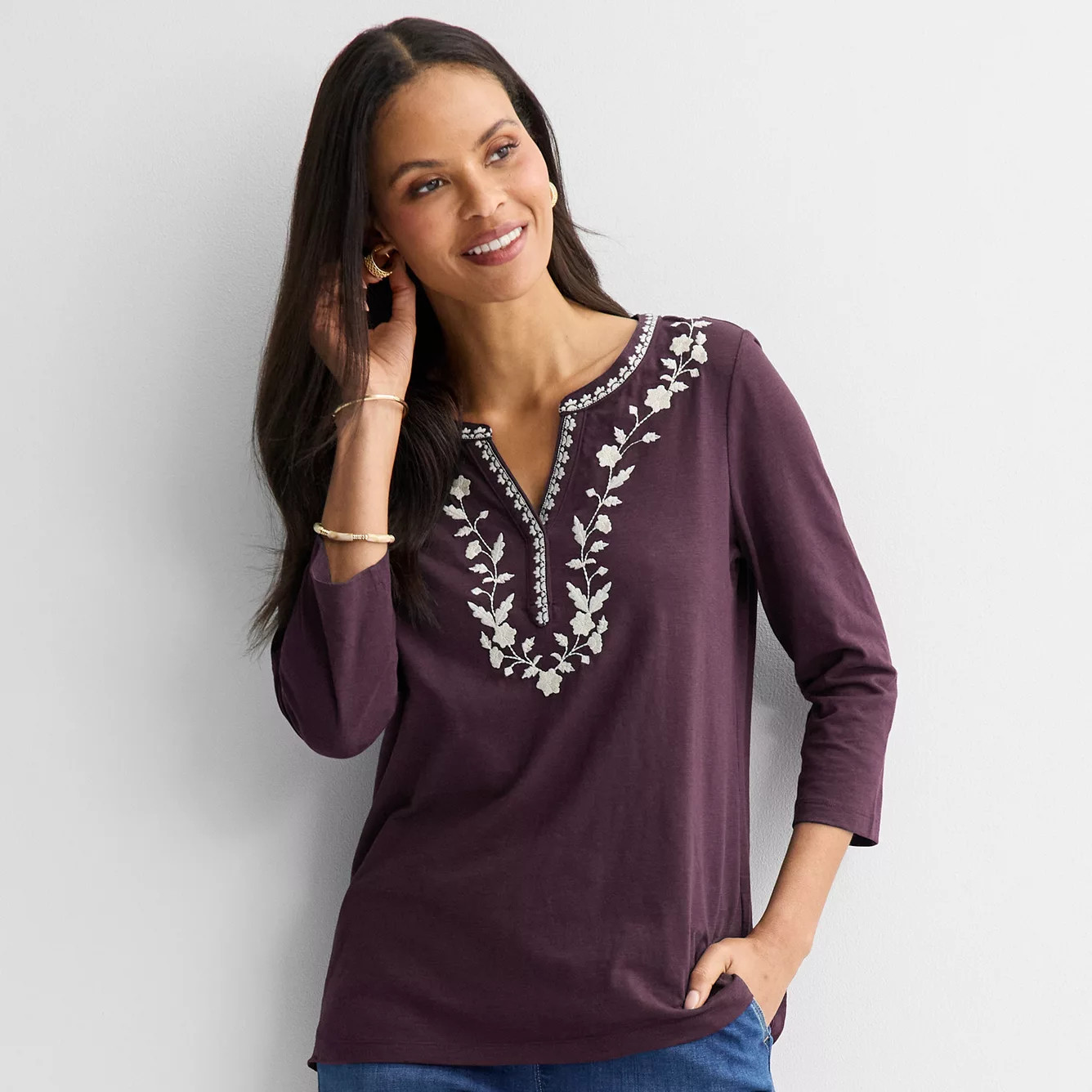 Women's Croft & Barrow® Embroidered Split Neck Top | Kohl's