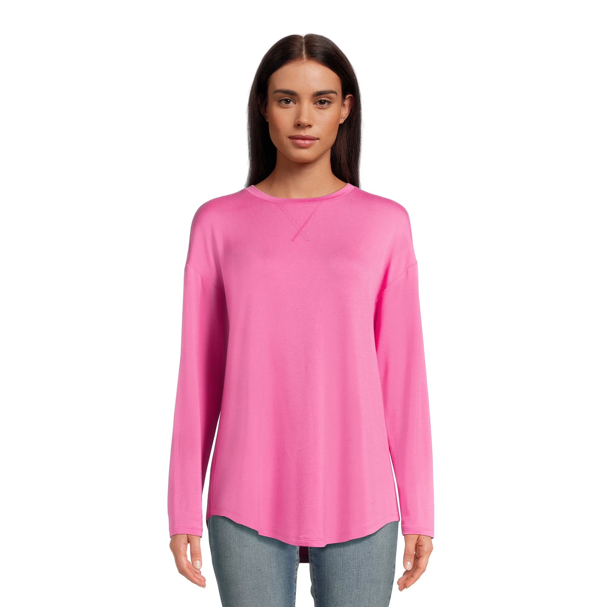 Time and Tru Women's Relaxed Soft Knit Tunic Top with Long Sleeves, Sizes XS-XXXL | Walmart (US)