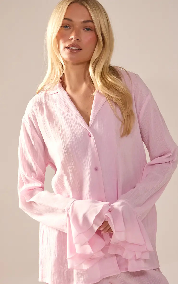 Baby Pink Contrast Frill Sleeve Button Up Crinkle Pyjama Trouser Set | PrettyLittleThing USA | PrettyLittleThing US