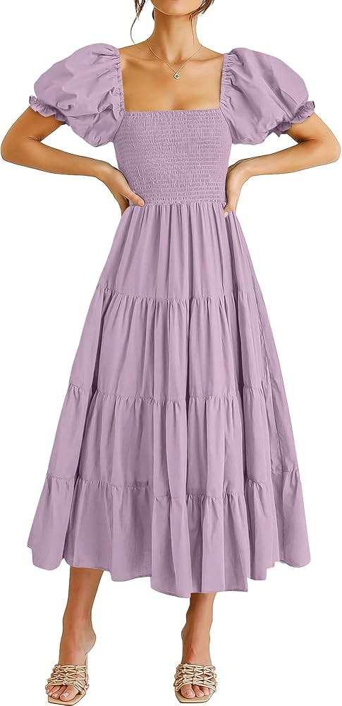 ANRABESS Women's Casual 2024 Summer Fashion Midi Dress Puff Short Sleeve Square Neck Smocked Tier... | Amazon (US)