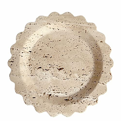 SAIDKOCC Travertine Marble Tray Round Scalloped Tray Small Serving Platter for Counter, Bathroom, Kitchen, Nightstand, Jewelry Ring Dish Holder (Beige Travertine) | Amazon (US)