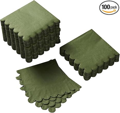 100 Pack Cocktail Napkin 2-Ply Scalloped Edged Olive-Green Napkins 5 x 5IN | Disposable Napkins f... | Amazon (US)