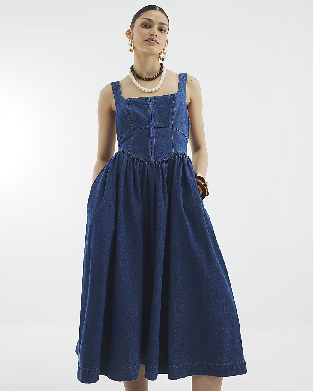 Blue Denim Corset Midi Dress | River Island UK & IE