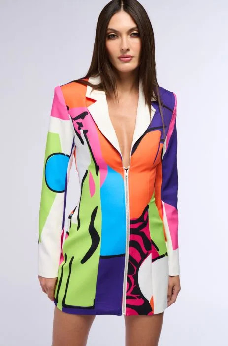 ART DECO PRINTED BLAZER MINI DRESS IN MULTI | AKIRA