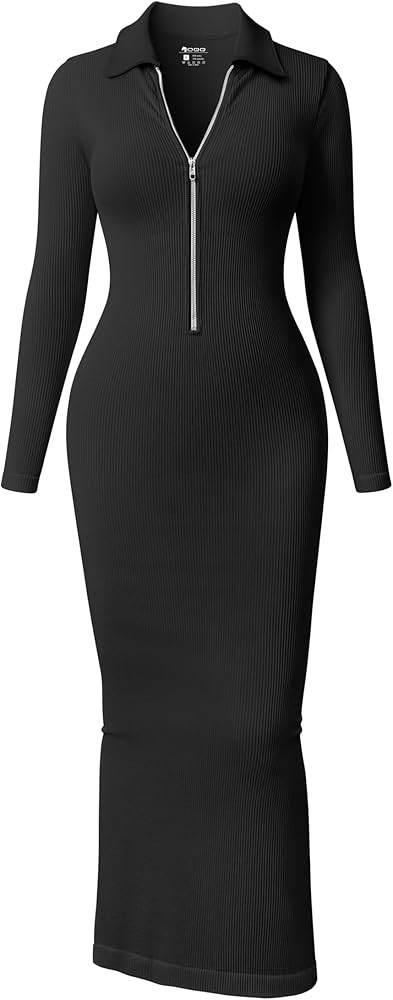 OQQ Women's Split Long Sleeve Maxi Dress Zipper Ribbed Bodycon Soft Lounge Dresses | Amazon (US)