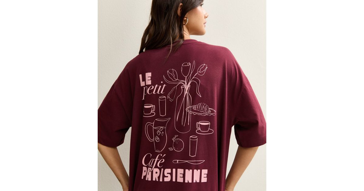 Burgundy Cafe Parisienne Print Oversized T-Shirt | New Look | New Look (UK)