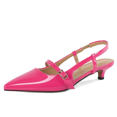 Younton Slingback Kitten Pumps Classic Pointed Toe Heel Mary Jane Shoes for Womens Low Kitten Heels Work Shoes 3.5 CM Hot Pink Patent Leather US Size 9.5 | Amazon (US)