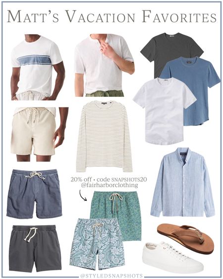 Matt’s vacation favorites // use code SNAPSHOTS20 for 20% off his favorite swim trunks at fairharborclothing.com // Matt typically wears size medium in all items (size large in goodlife tees) 

Men’s outfits, men’s summer outfits, men’s vacation 

#LTKmens #LTKswim #LTKtravel