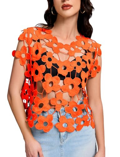 Flygo Hollow Out Floral Lace Crop Top for Women 2025 Trendy Sleeveless Crochet Vest Cover up Y2K Going Out Tops(Orange-S) | Amazon (US)