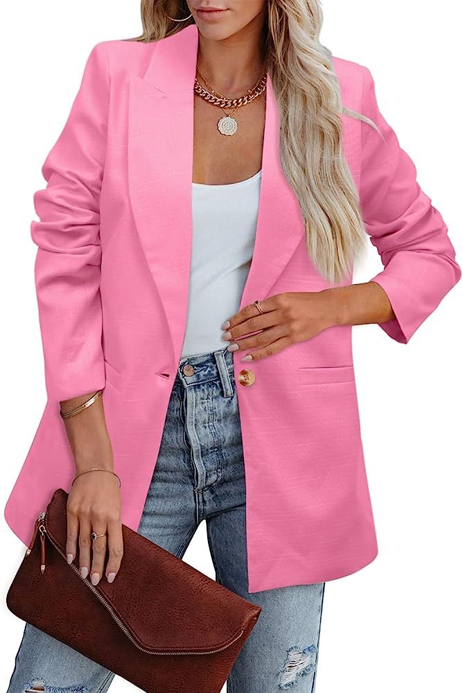 ZDLONG Blazer Jackets for Women Long Sleeve Lapel Button Slim Jacket Plus Size Work Office Coat | Amazon (US)
