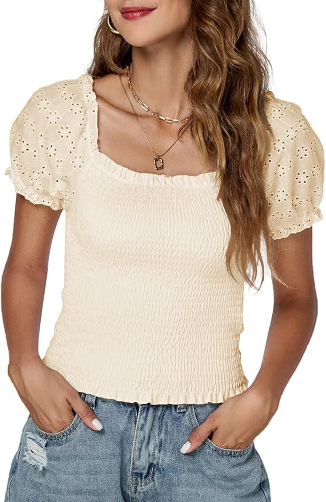 LYANER Women's Square Neck Shirred Eyelet Embroidered Puff Short Sleeve Ruffle Trim Blouse Crop T... | Amazon (US)