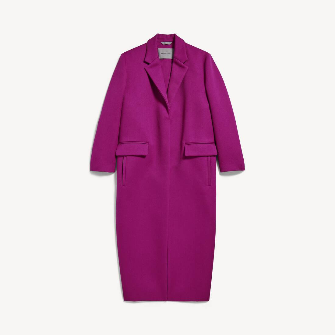 Long Sack Coat in violet chunky wool gabardine is from look 54 of Balenciaga's Fall 26 Collection... | Balenciaga