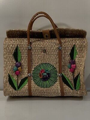 Woven Straw Wicker Large Beach Tote Market Bag Floral Mexico Boho Hippie Vintage | eBay US