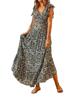 Dokotoo Women's Boho Dress Deep V Neck 2 Piece Skirt Sets Ruffle Cap Sleeve Tie Waist Wrap Chiffo... | Amazon (US)
