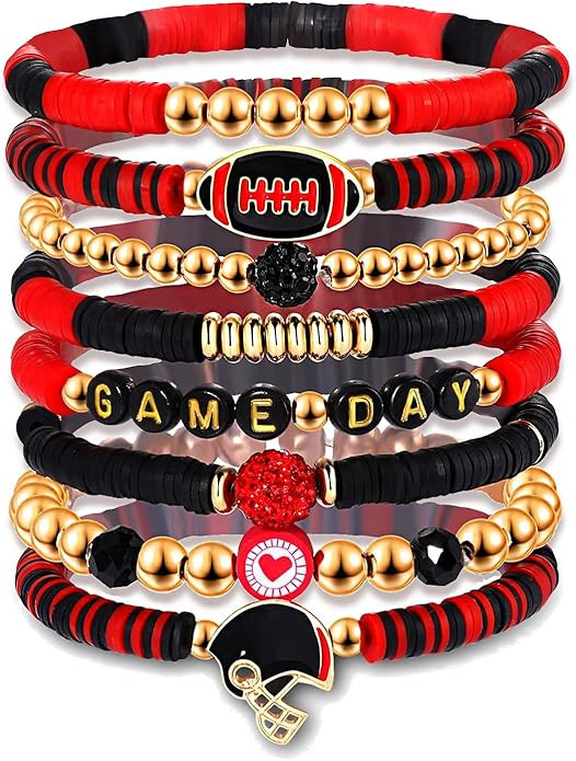 Game Day Bracelets for Women Football Bracelets Red Black Blue Heishi Clay Beaded Stretch Bracele... | Amazon (US)