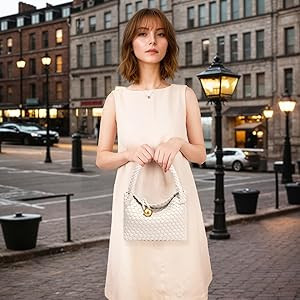 Woven Handbag for Women Daily Top-Handle Bag with Gold Ball Clasp Classic Leather Tote Fashion Sm... | Amazon (US)