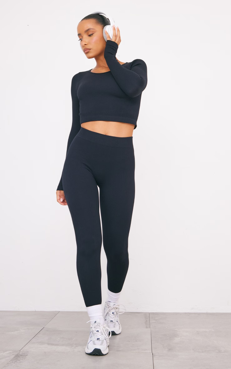 Black Structured Snatched Ribbed Leggings | PrettyLittleThing US