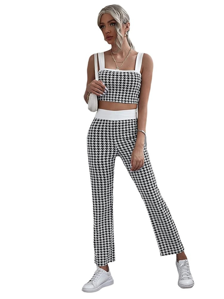 Milumia Women's Two Piece Outfit Houndstooth Plaid Crop Tank Top and Pants Set | Amazon (US)