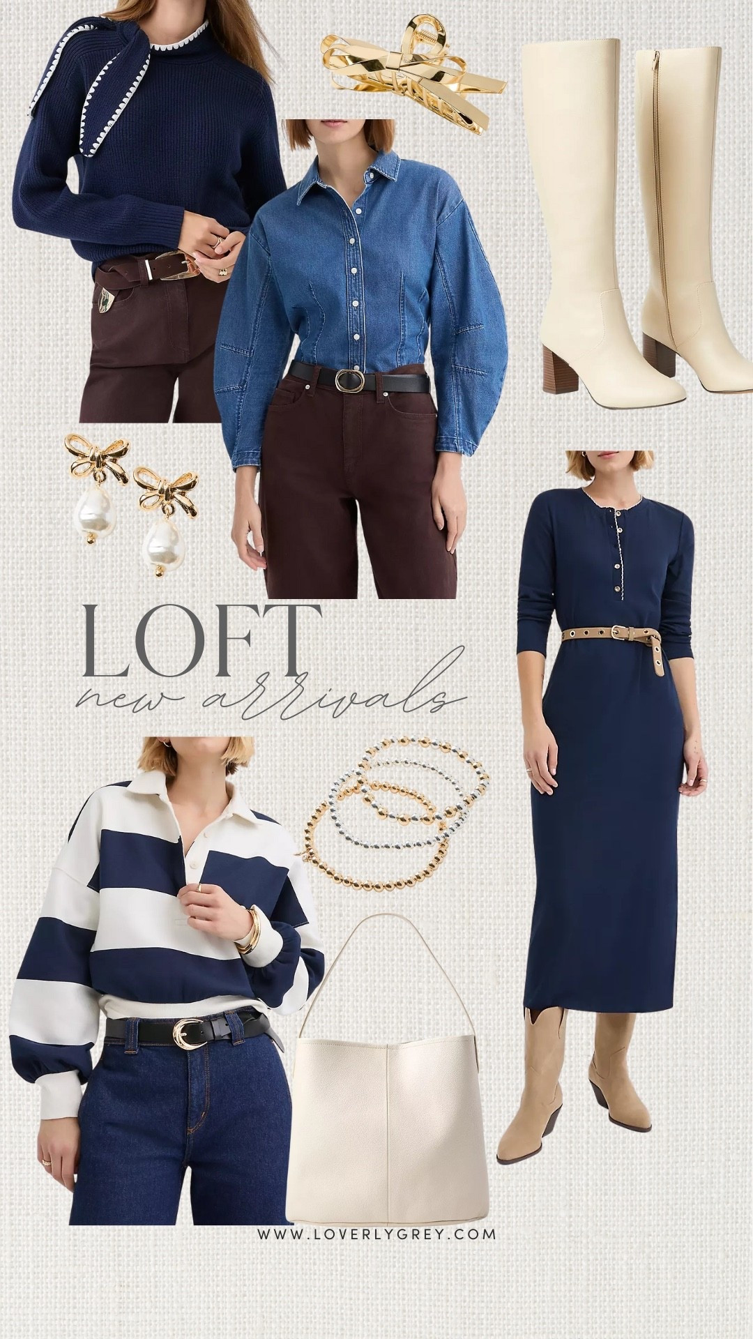 So many new arrivals from Loft that I love! The striped long sleeve, denim button down, and navy top with a scarf attached are closet staples! I also think the tall white boots, navy dress, and purse would make a great outfit! 

#LTKFindsUnder100 #LTKSeasonal #LTKWorkwear