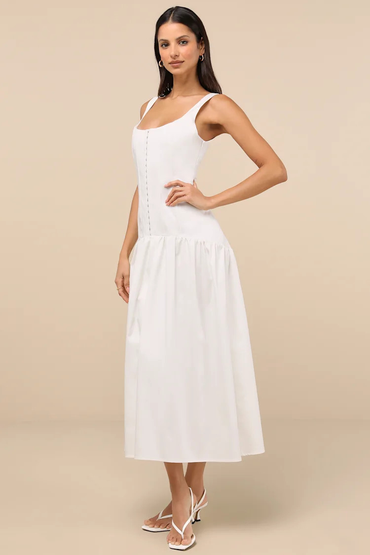 Kyla White Drop Waist Midi Dress | Lulus