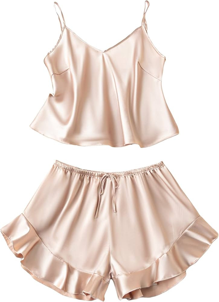 SOLY HUX Women's Sexy Silk Satin Ruffled Pajamas Sets Cami Shorts Sets Sleepwear | Amazon (US)