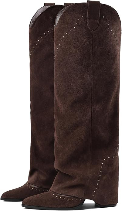 Women's Shark Studded Fold Over Knee High Boots Tall Pull-on Snip Toe Cowboy Cowgirl Slouch Boot ... | Amazon (US)