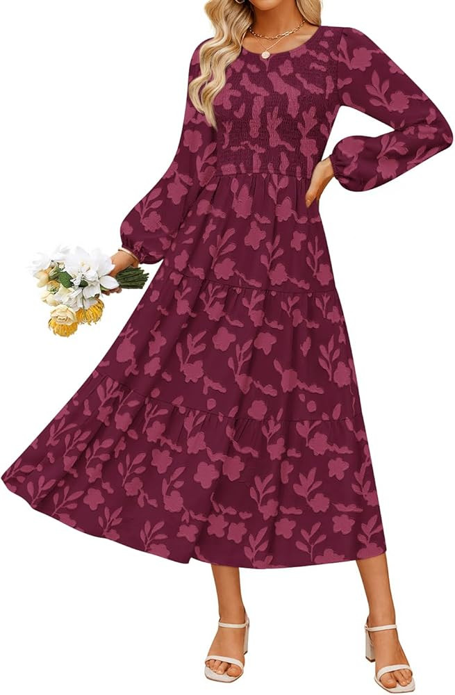 ZESICA Women's Fall Boho Floral Midi Dress 2025 Casual Long Sleeve Crewneck Flowy Wedding Guest L... | Amazon (US)