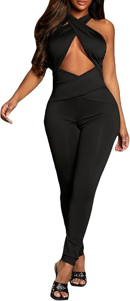 WDIRARA Women's Cut Out Criss Cross Wrap Halter Sleeveless Bodycon Jumpsuit Party Clubwear | Amazon (US)