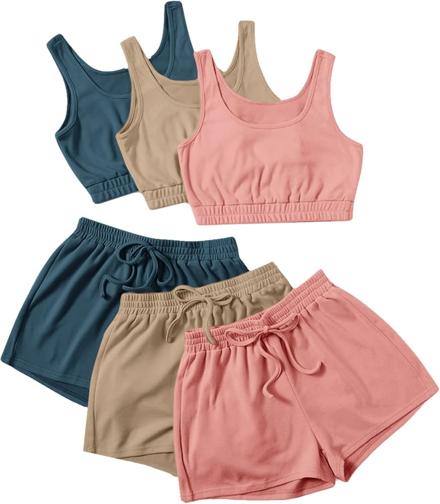 SheIn Women's 6 Pieces Outfits Crop Tank Top and Elastic Waist Shorts Lounge Set | Amazon (US)