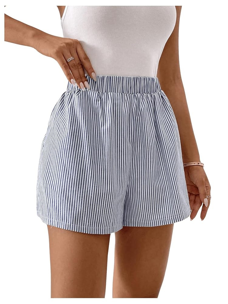 COZYEASE Women's Striped Print Elastic High Waisted Shorts Casual Wide Leg Summer Boxer Shorts wi... | Amazon (US)