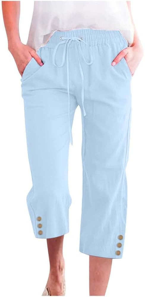 Womens Capris Pants High Waist Drawstring Comfy Casual Pants Casua Lightweight Loose Trousers But... | Amazon (US)