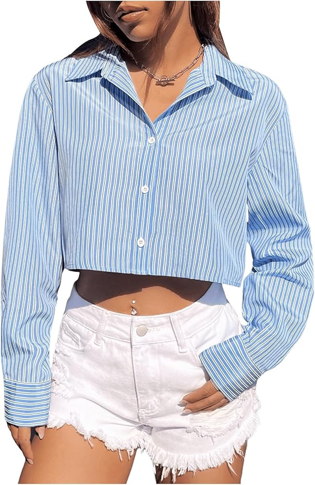 SweatyRocks Women's Striped Button Down Cropped Shirt Long Sleeve Collared Crop Top Blouse | Amazon (US)