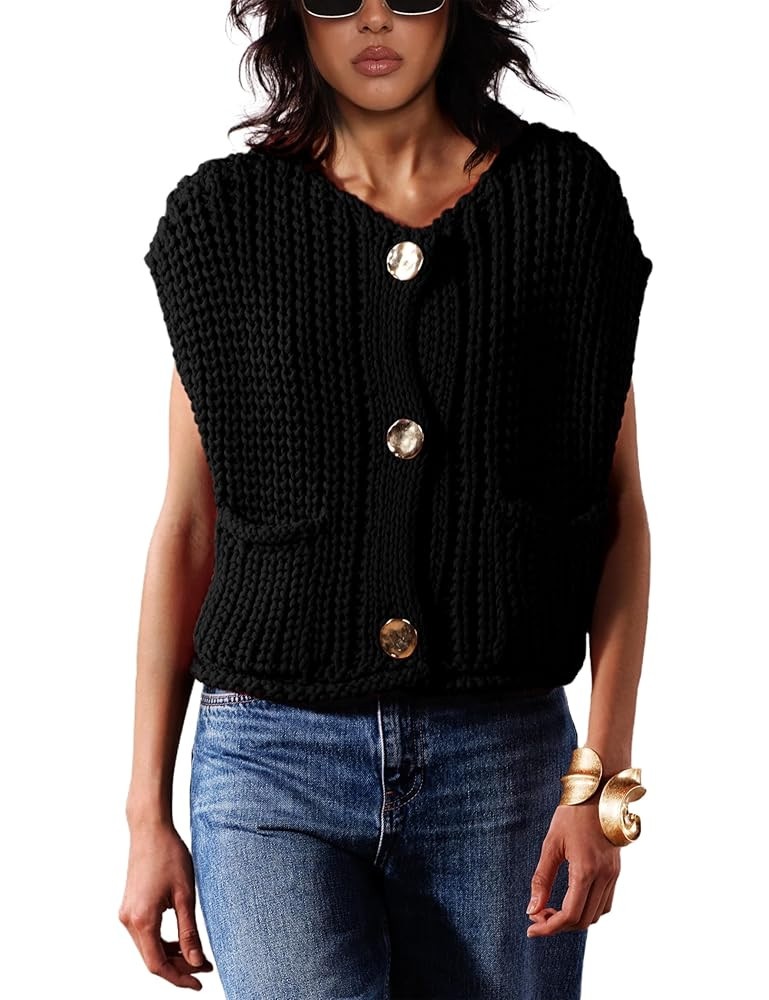Sweater Vest for Women 2025 Casual Cropped Open Front Sleeveless Chunky Knit Top Button Down Card... | Amazon (US)