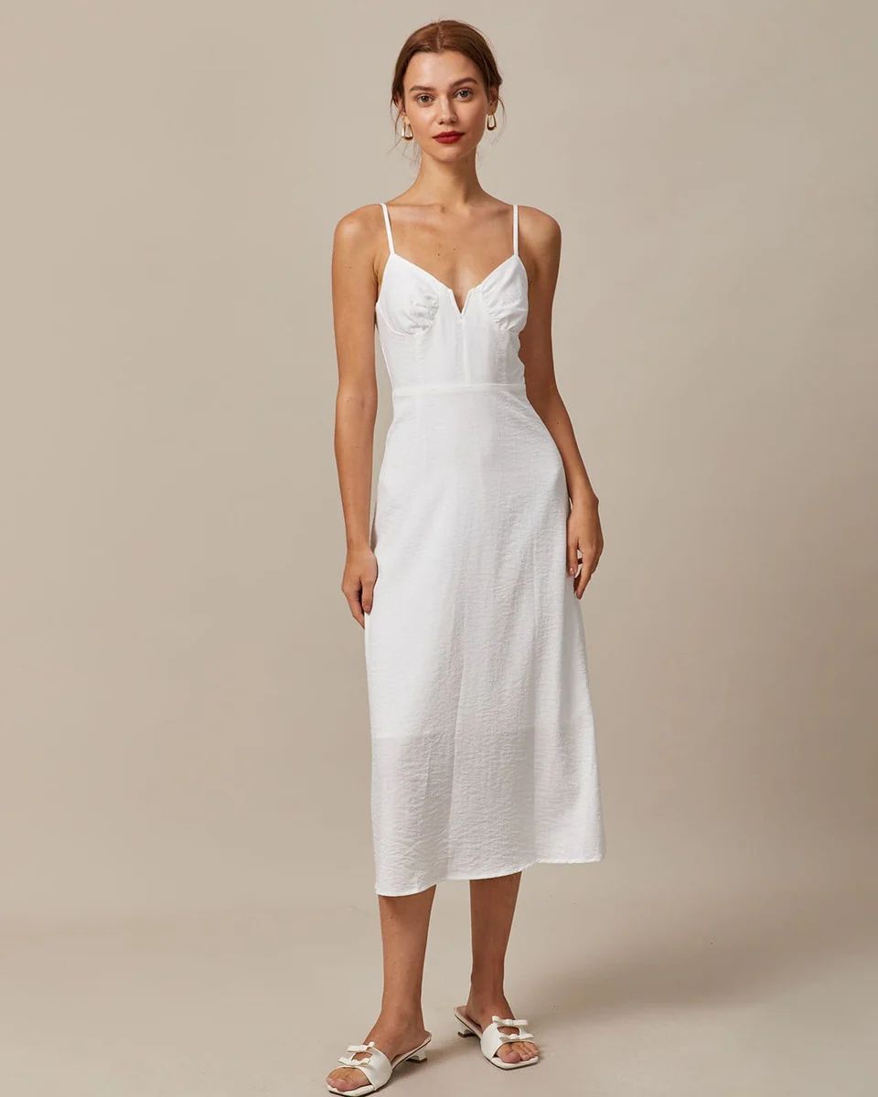 The White Deep V Neck Ruched Midi Dress & Reviews - White - Dresses | RIHOAS | rihoas.com