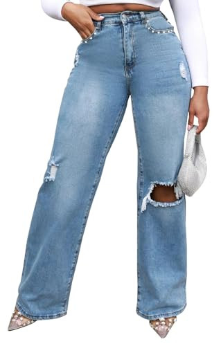 KnoInt Wide Leg Straight Ripped Jeans for Women Fashion High Waisted Distressed Baggy Stretchy Loose Denim Pants with Patch Pockets Blue,X-Large | Amazon (US)